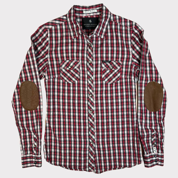 Maison Scotch (Sz 2) Plaid Snap Button Leather Elbow Patch Shirt - Picture 1 of 13